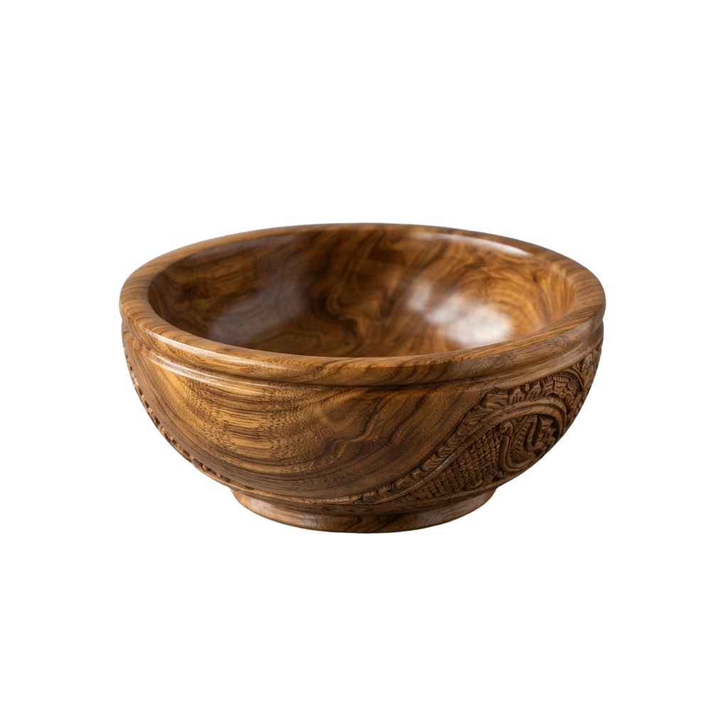 A wooden bowl with natural grain patterns and carved decorative motifs on the rim