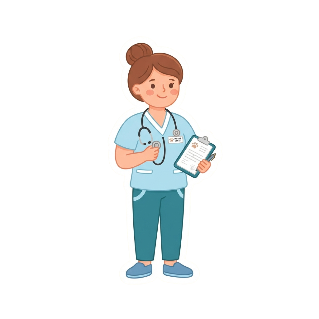 Illustration of a smiling nurse in blue scrubs holding a stethoscope and clipboard