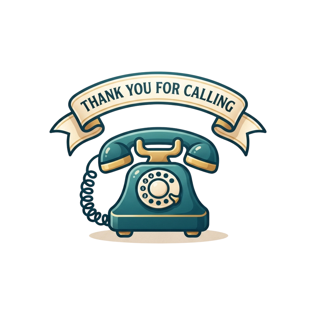 Illustration of a vintage telephone with a banner above it reading Thank You for Calling