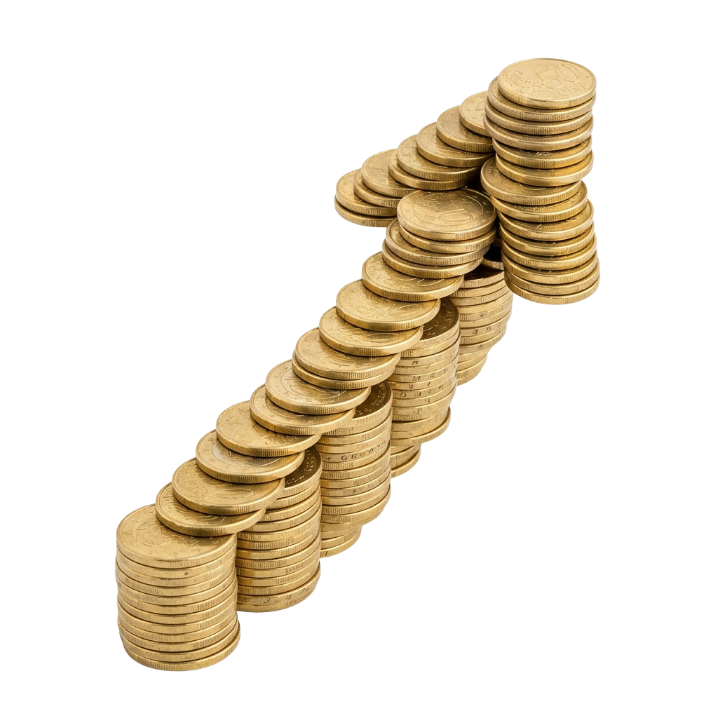 A stack of gold-colored coins arranged in a wave shape, increasing in height from left to right