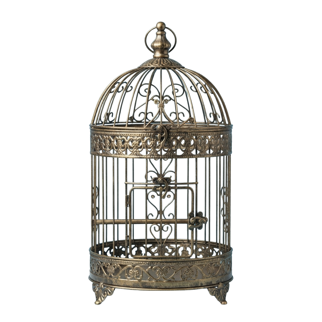 An antique-style ornate metal birdcage with intricate designs and a domed top.