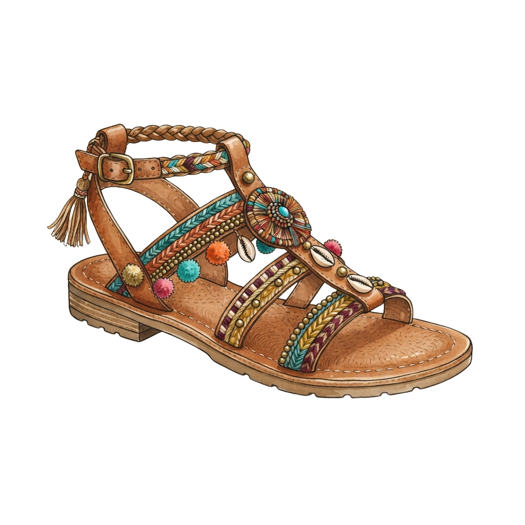 Brown woven sandal featuring colorful beaded straps and decorative elements