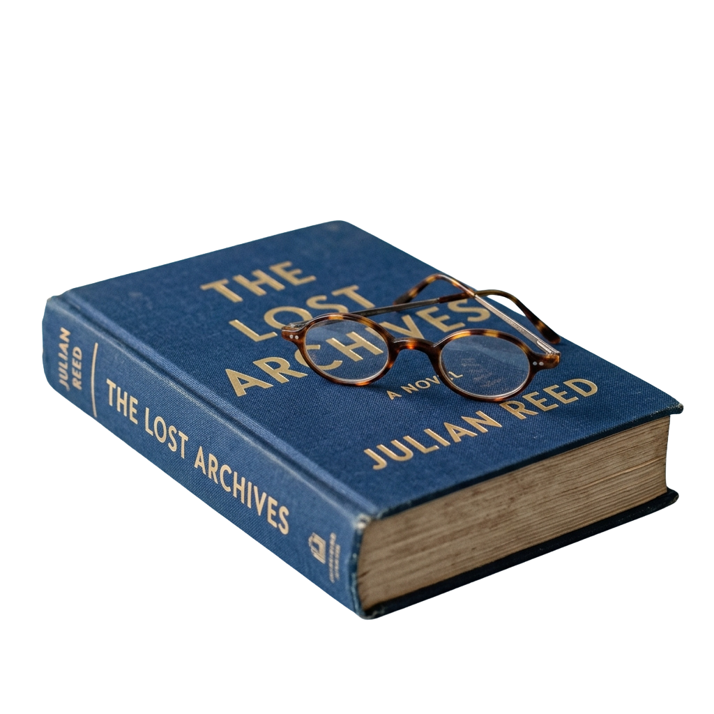 Blue book titled The Lost Archives with glasses resting on top