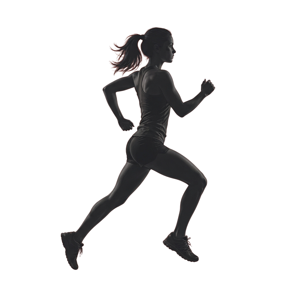 Silhouette of a woman running in athletic gear against a dark background