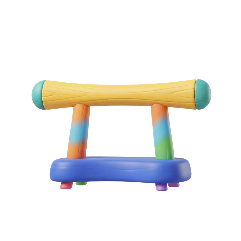 A colorful balance beam toy with a yellow bar, turquoise ends, gradient supports, and a blue base platform.