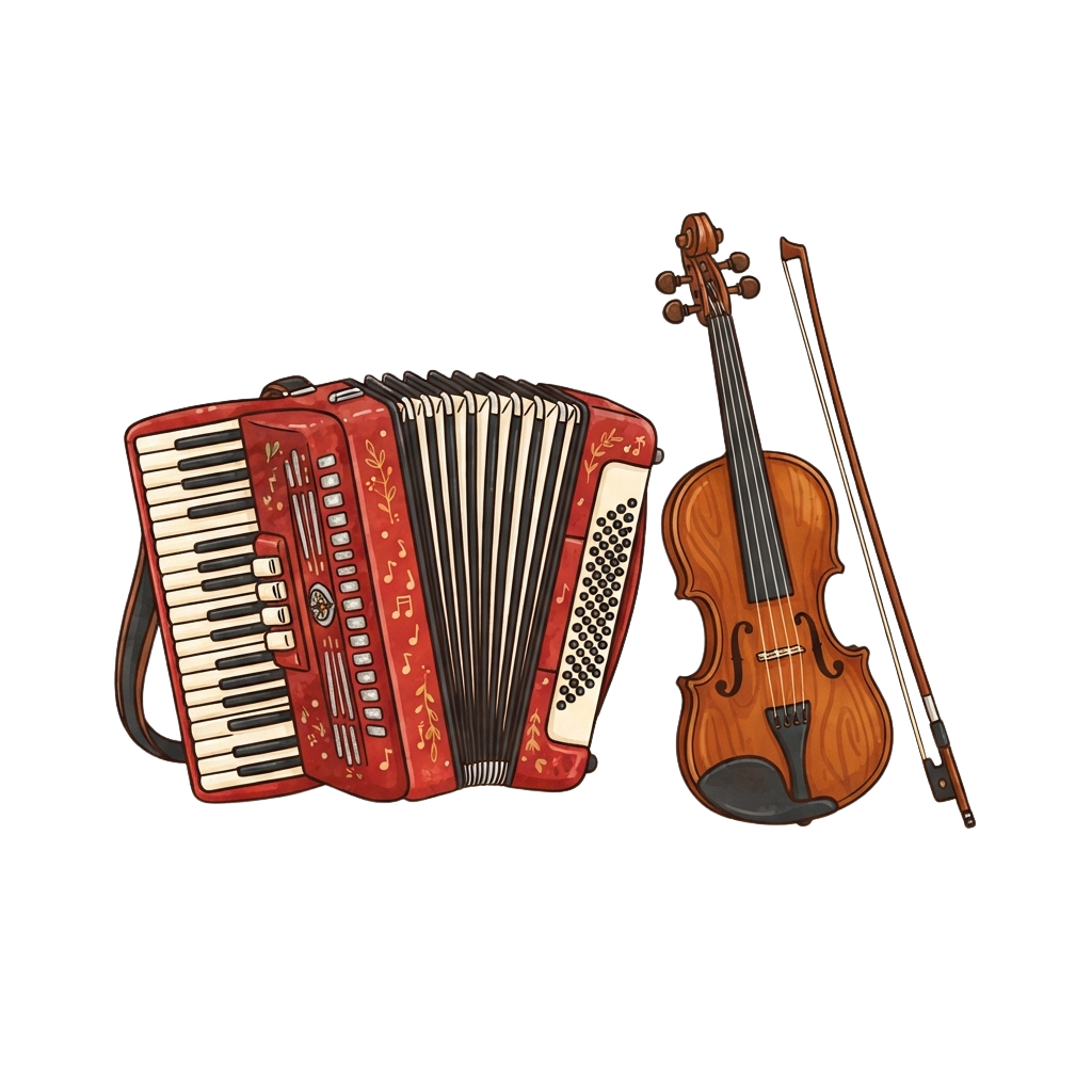 Red accordion and light brown violin placed side by side on black background