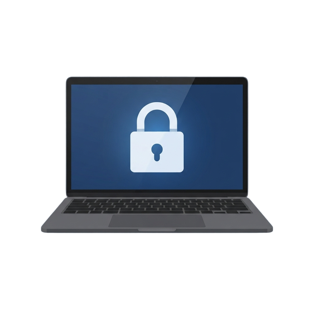 A laptop screen displaying a white padlock symbol on a blue background, representing security.