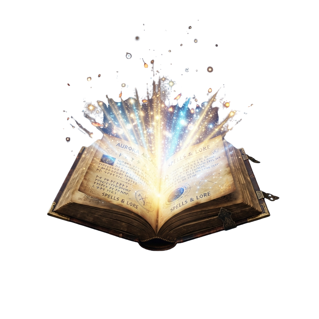 An open book emitting bright light and sparkles, labeled spells and lore on its pages