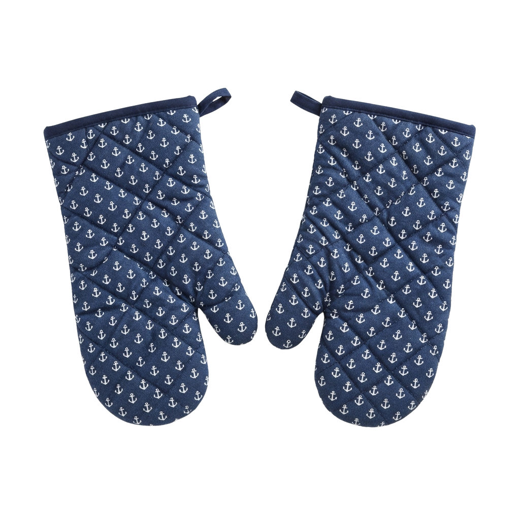 Pair of blue oven mitts with white anchor pattern design, shown against black background