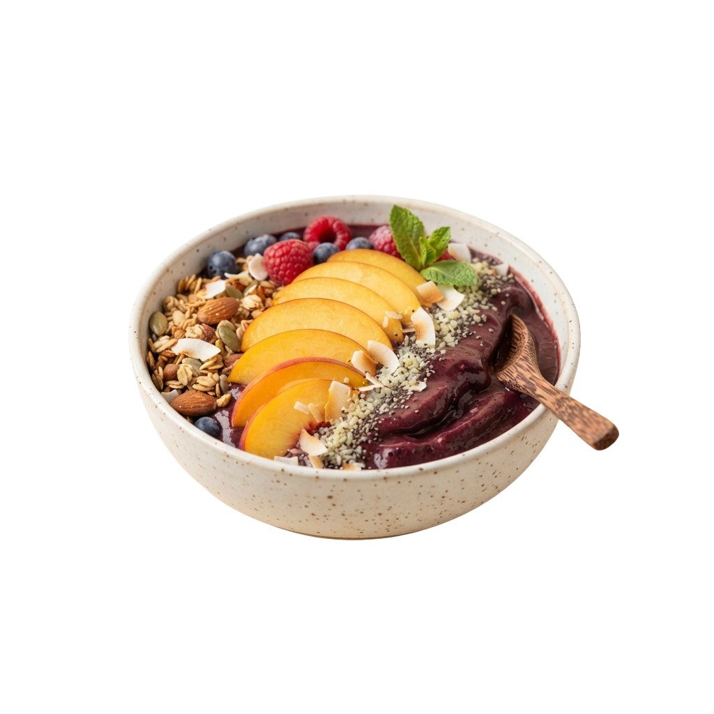 A white bowl filled with acai mixture topped with sliced peaches, blueberries, raspberries, granola, almonds, and seeds, garnished with mint leaves.