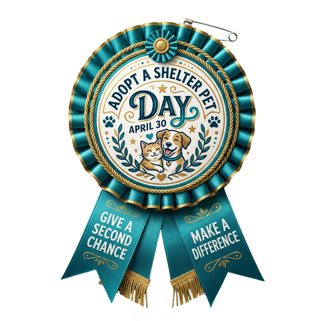 Decorative ribbon celebrating Adopt a Shelter Pet Day on April 30 with two pets and paw prints