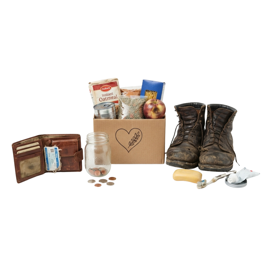 A care package containing a wallet, coins, jar of coins, instant oatmeal, canned food, apples, boots, soap, and toothbrush