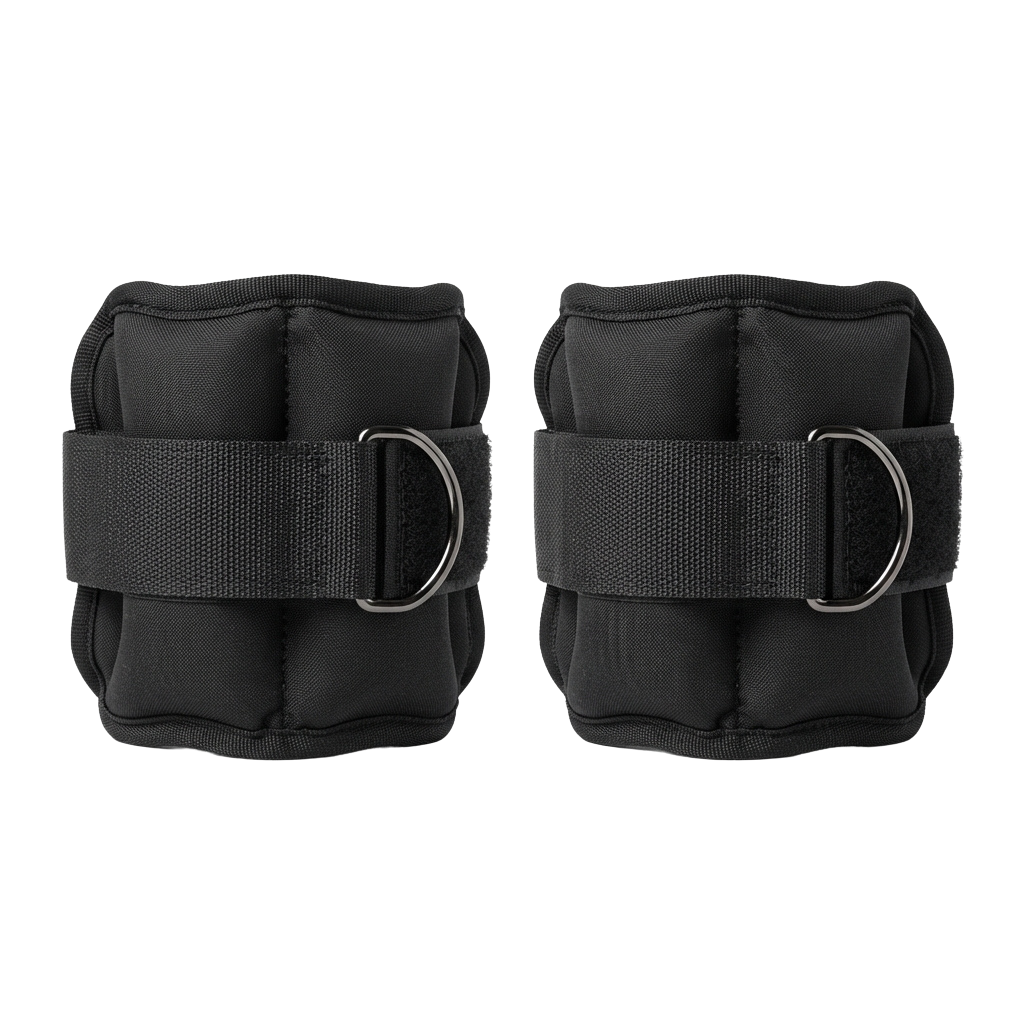 Two black adjustable wrist weights with padded fabric and metal buckles