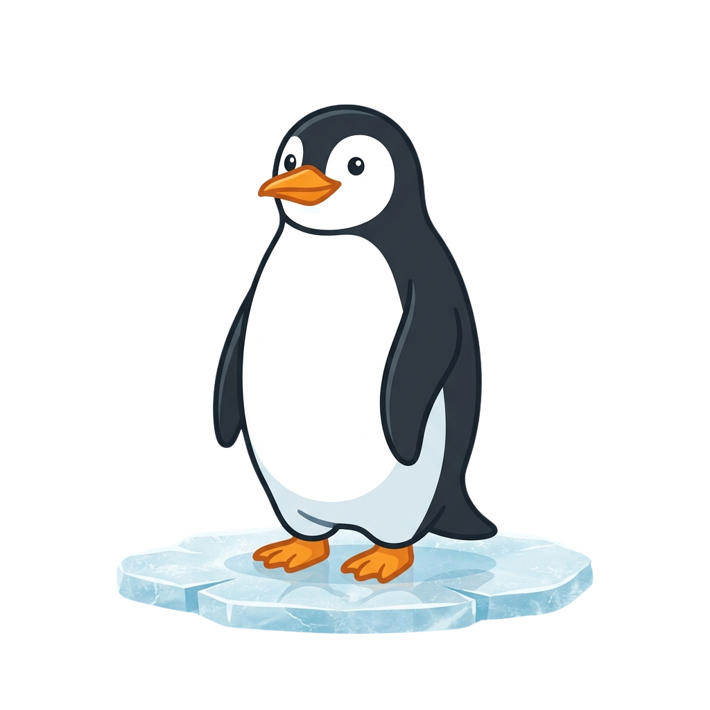 A cheerful cartoon penguin standing upright on a piece of ice