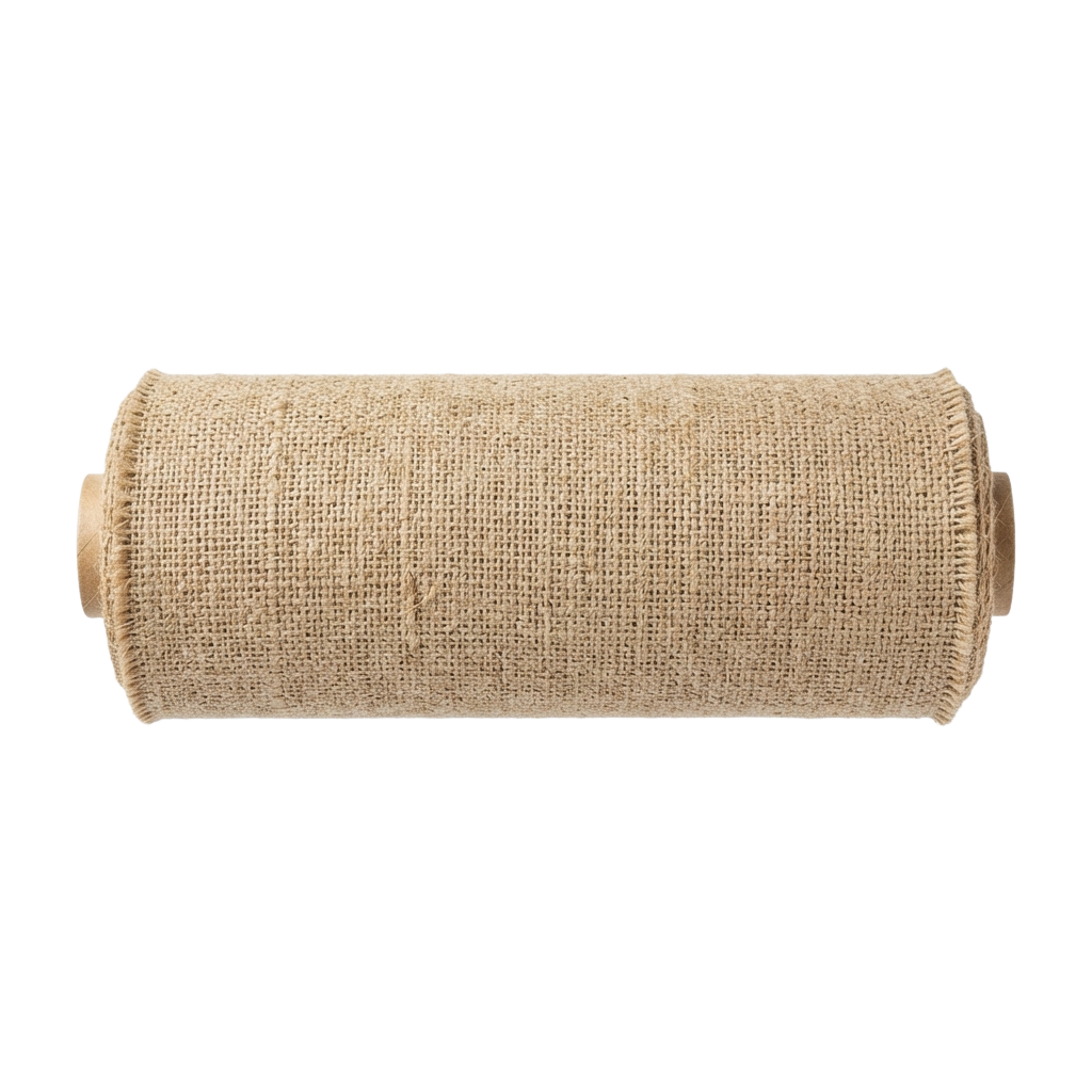 A rolled piece of beige jute fabric with a textured weave and natural edges