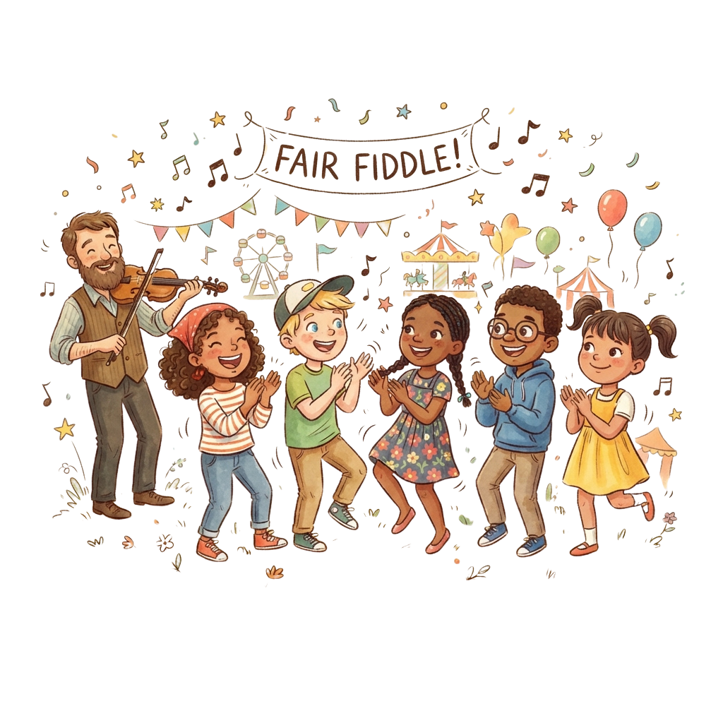 A fiddler plays music while five children clap and dance joyfully at a festive fair event
