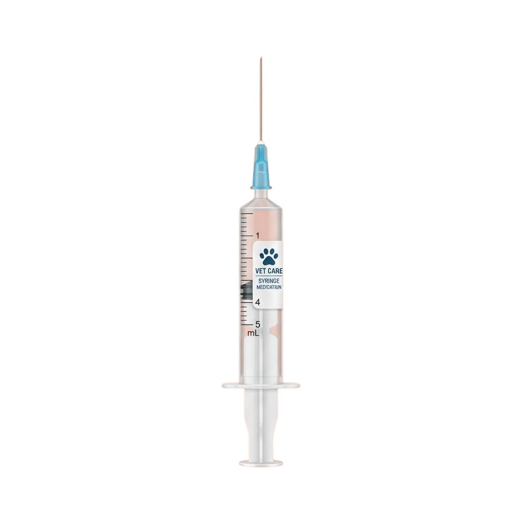 Insulin syringe labeled Vet Care with paw print logo, measuring up to 5 units, against black background