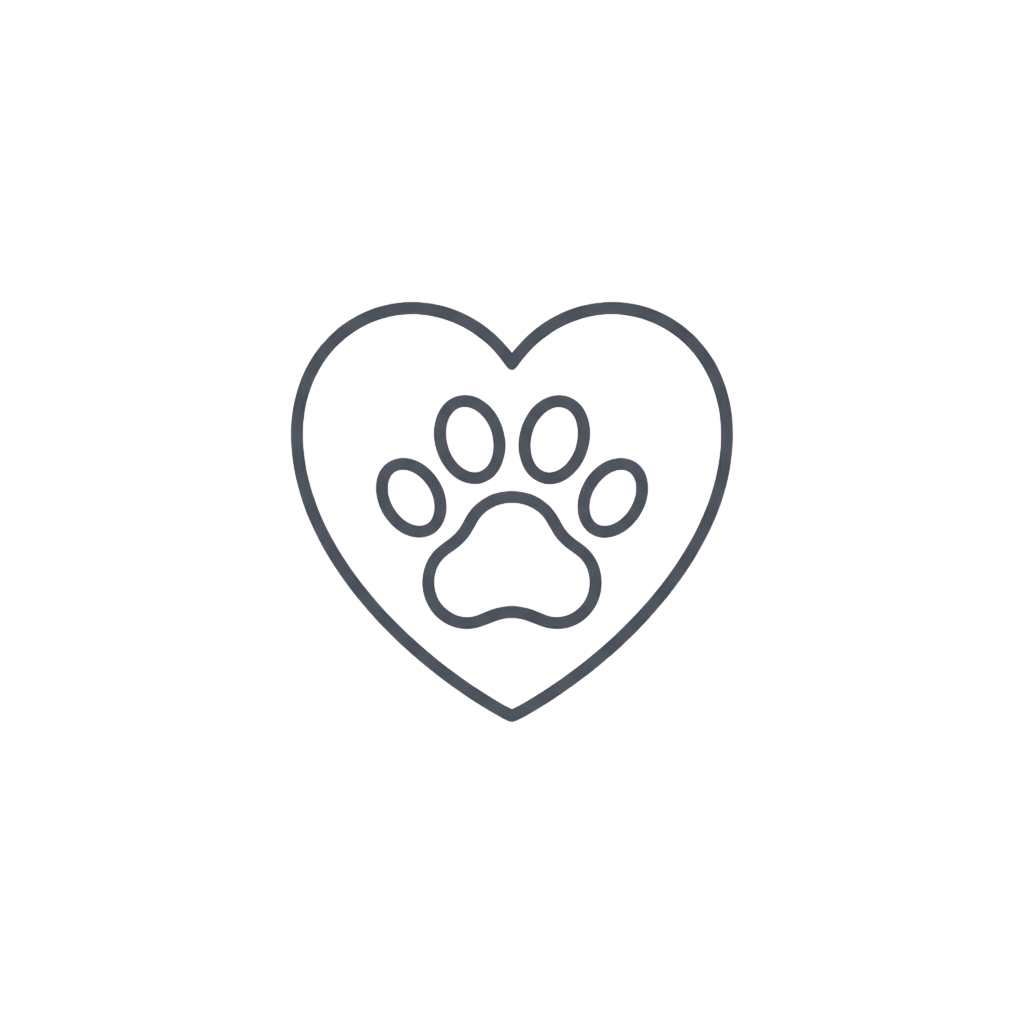 A white outline of a dog paw print inside a heart shape on a black background
