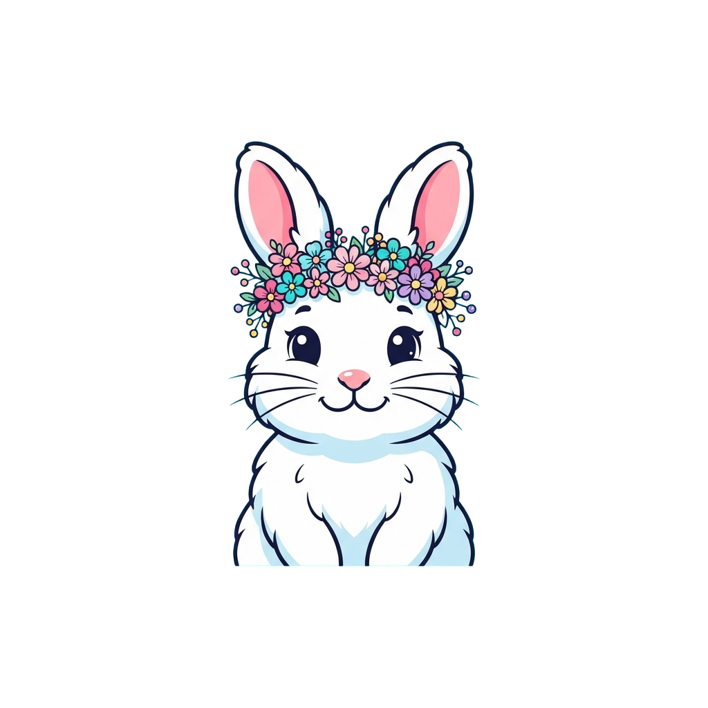 A smiling cartoon rabbit wearing a colorful flower crown on its head