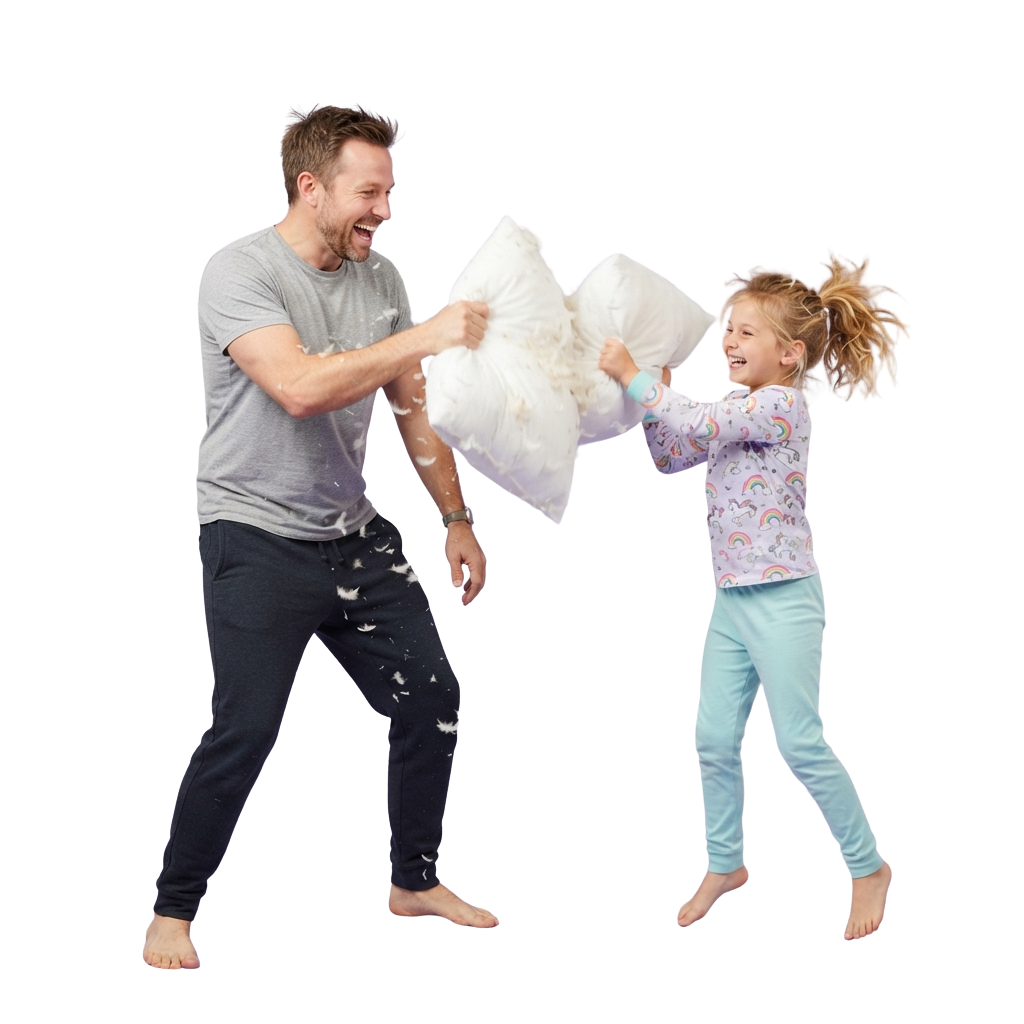 An adult and a child joyfully engaged in a pillow fight, smiling and mid-jump.