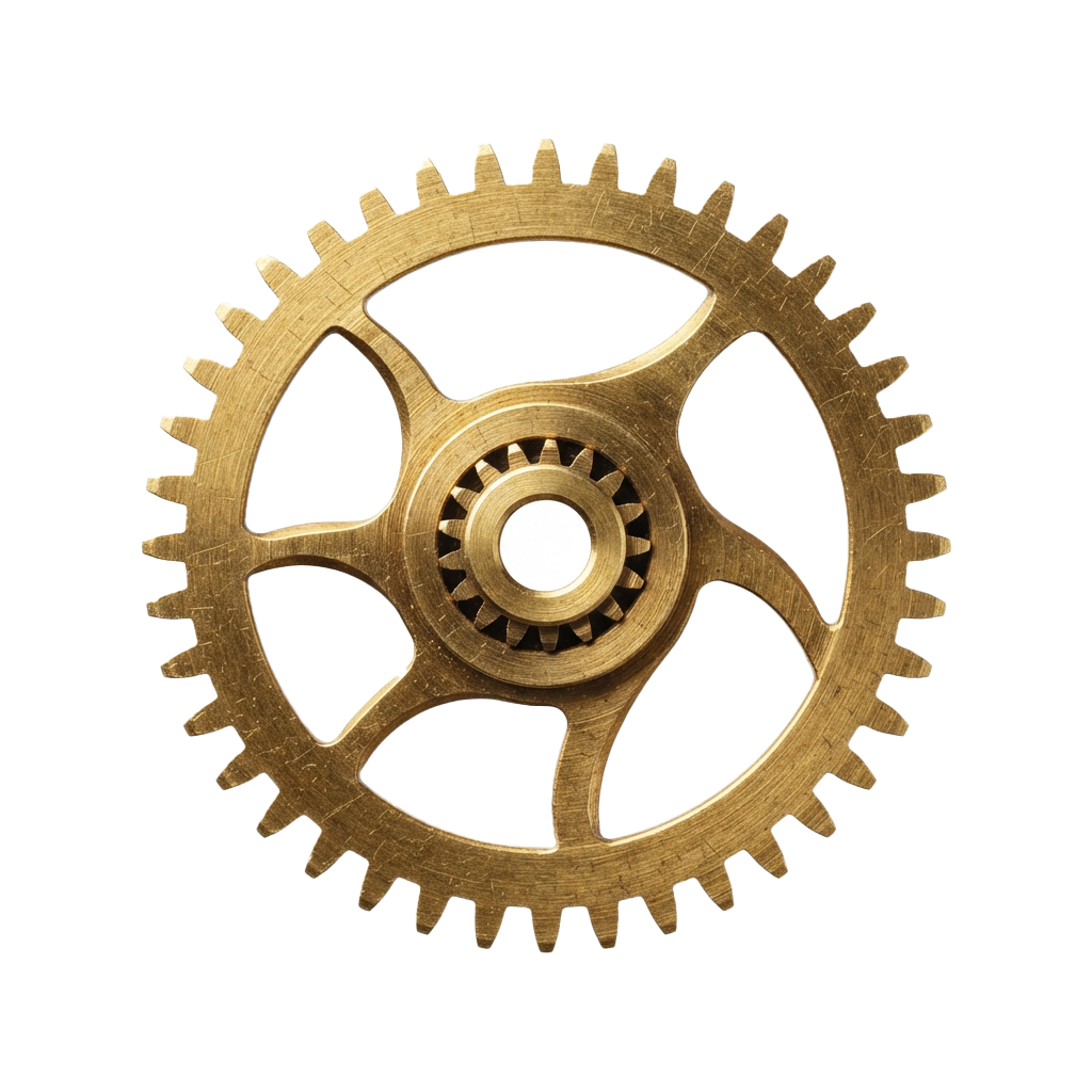 Three interlocking brass-colored gears with a central hole on a black background