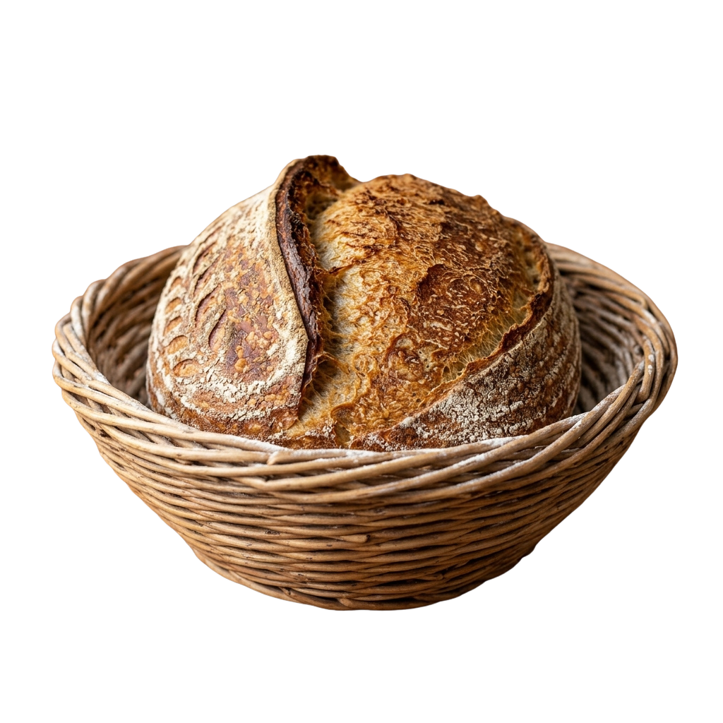 Two rustic sourdough bread loaves in a woven basket with one partially sliced open.