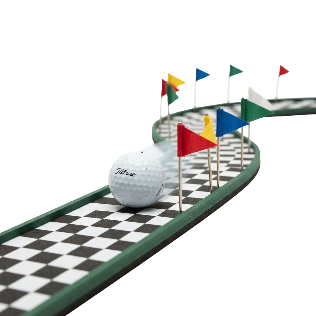 A golf ball on a checkered putting green with multiple colorful flags nearby