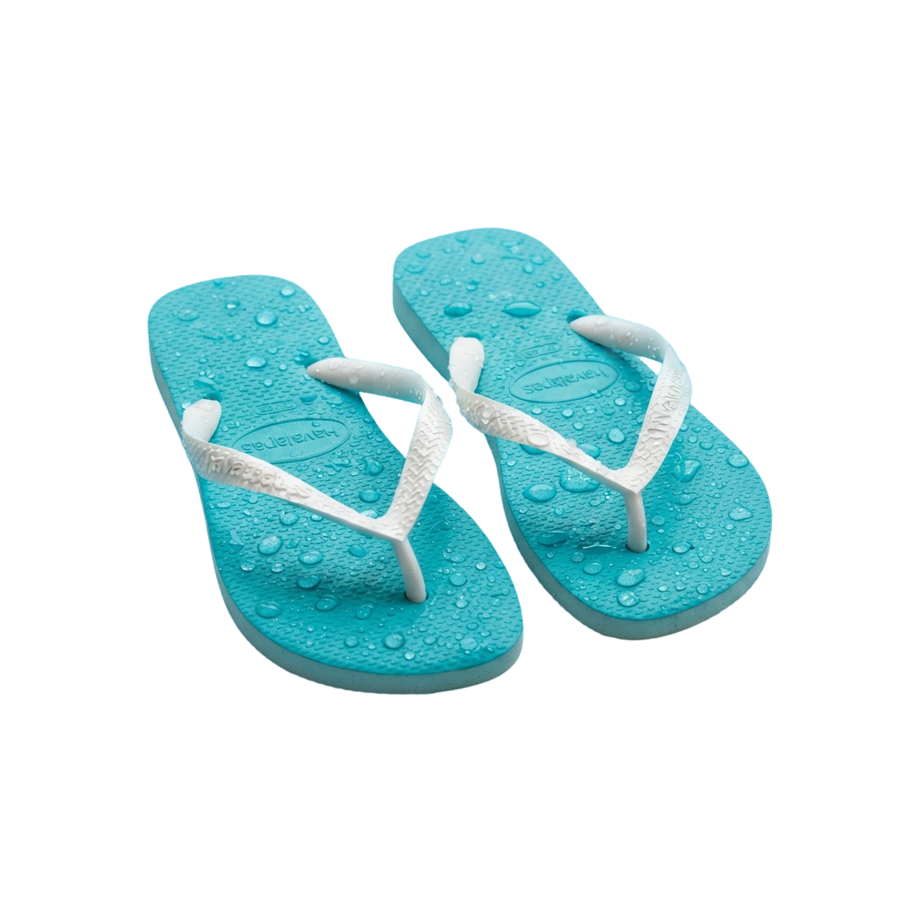 Pair of light blue flip flops with white adjustable straps and water droplets on the surface