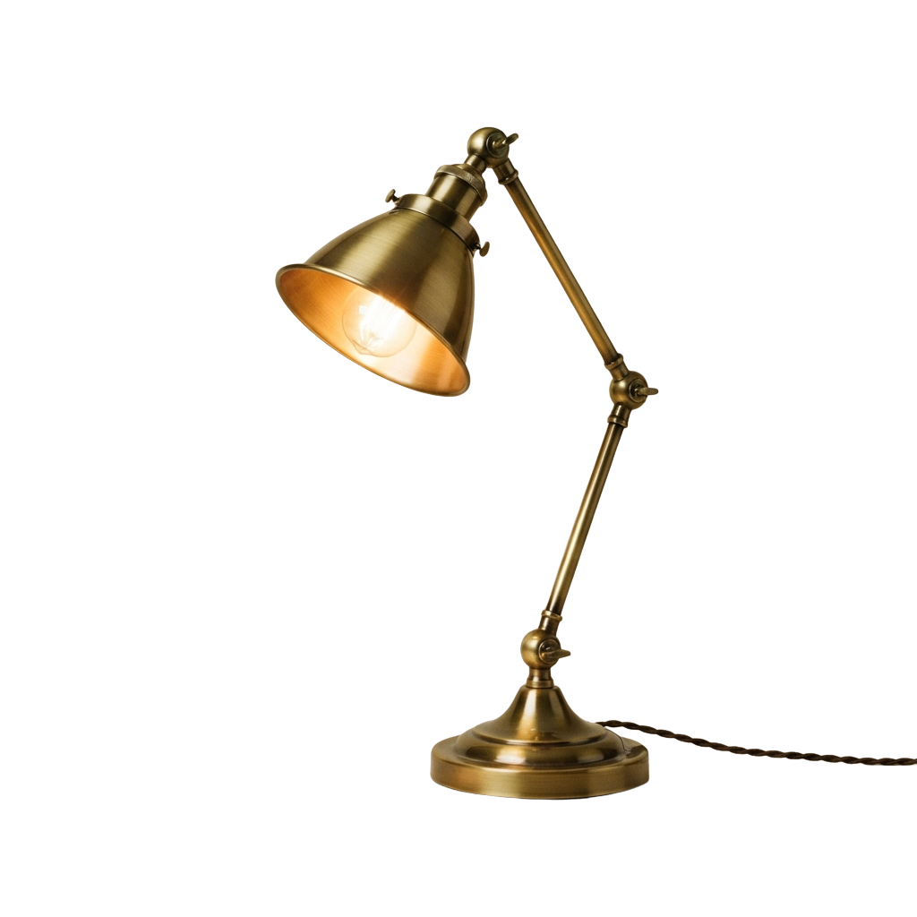 A brass-colored adjustable desk lamp with a warm light bulb turned on against a black background
