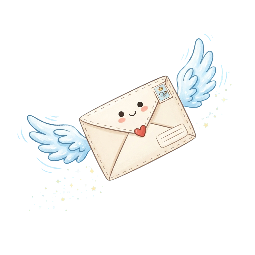 A smiling cartoon envelope with wings flying and sparkles around it against a black background