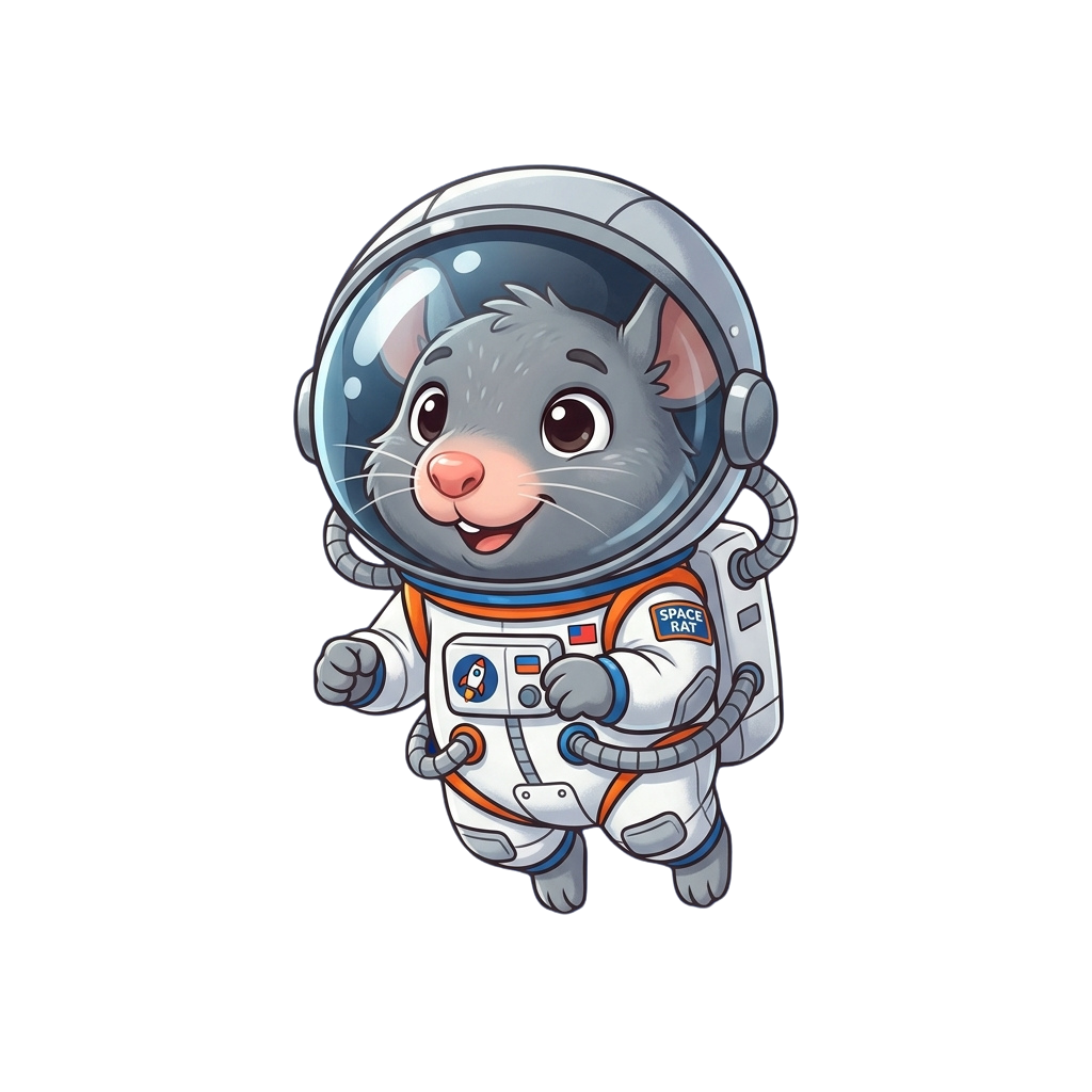 A smiling cartoon rat dressed in a white and orange astronaut suit with a helmet, standing confidently against a black background