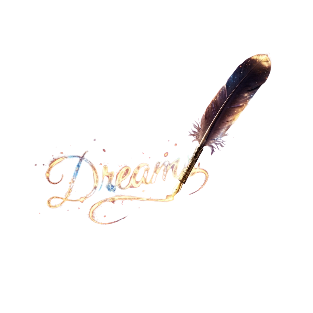 A stylized feather with colorful, glowing text spelling Dreamy against a dark background