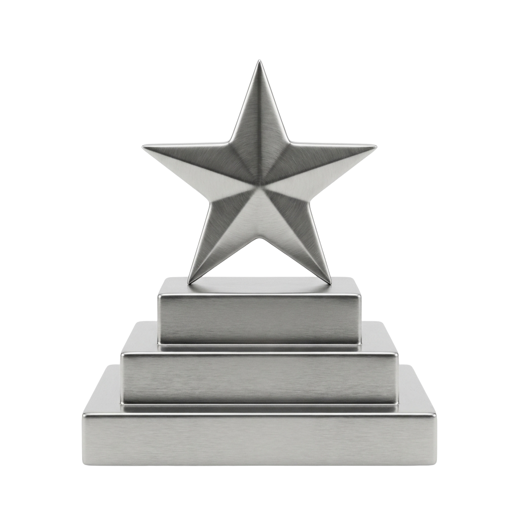 A metallic trophy featuring a star on top of a three-tiered square base