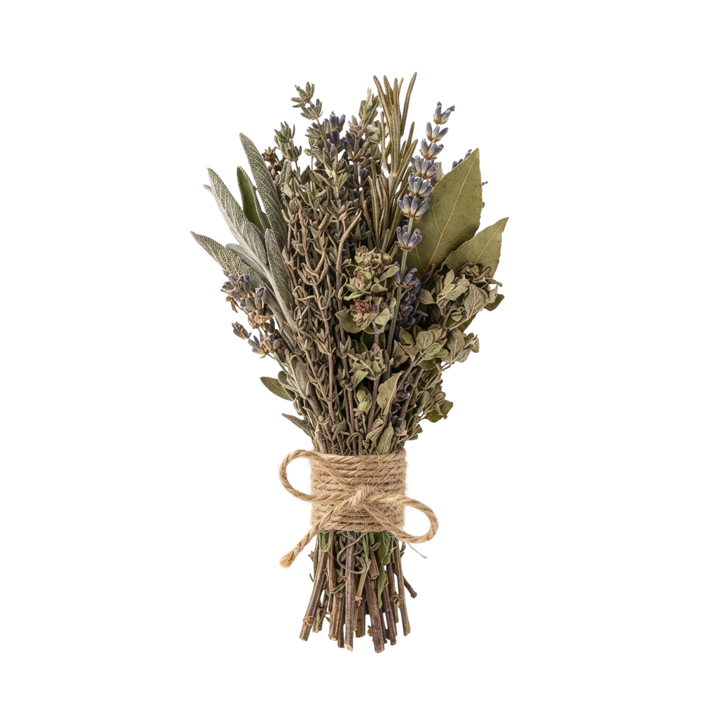 A bundle of dried lavender stems tied together with natural twine against a black background