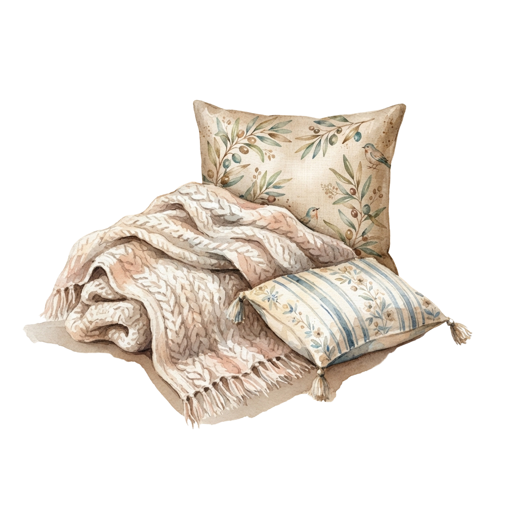 Two floral-patterned pillows and a textured knit throw blanket with fringe edges.