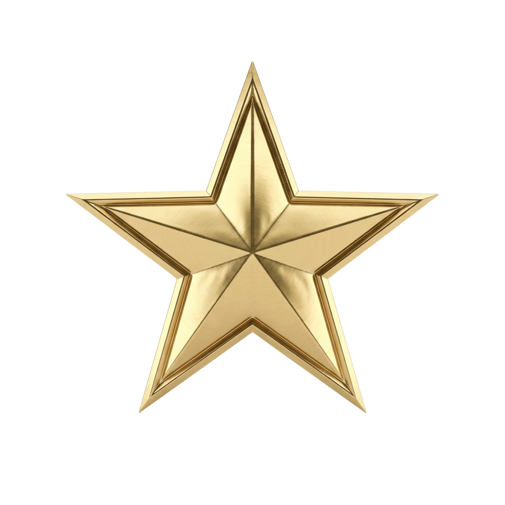 Shiny gold five-pointed star emblem on a black background