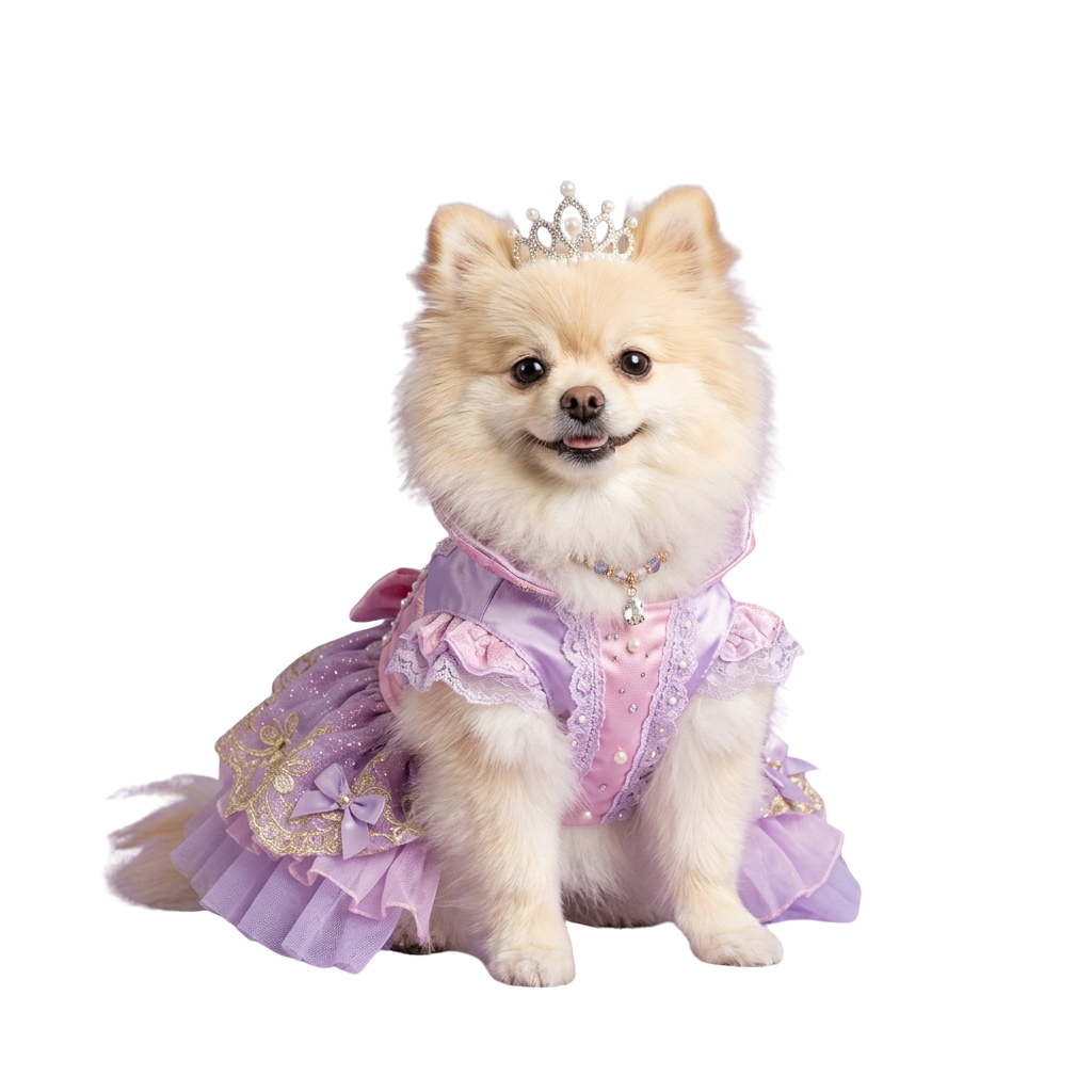 Smiling Pomeranian wearing a pink princess dress and tiara
