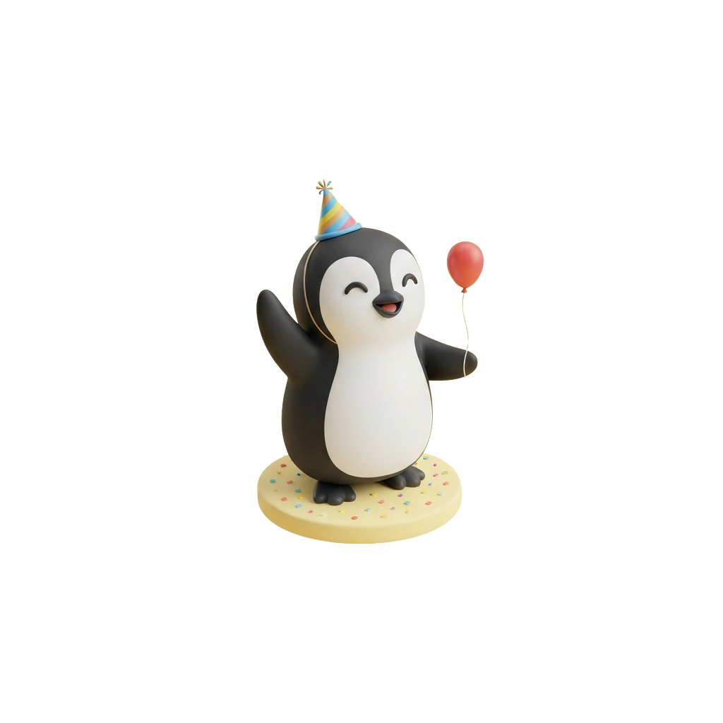 A cheerful black and white penguin figurine wearing a party hat, holding a red balloon, standing on a cake base with colorful sprinkles