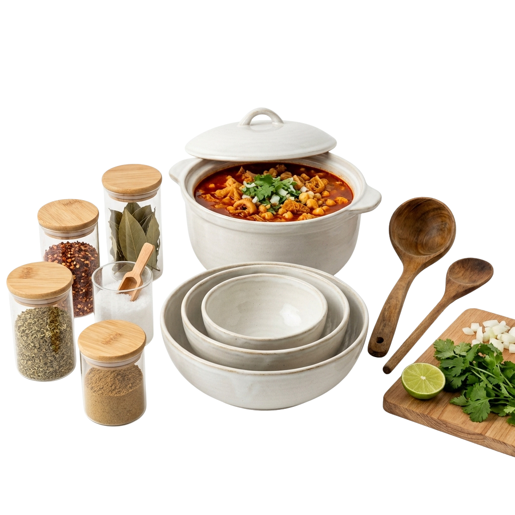 Ceramic slow cooker with lid open, surrounded by spices, wooden spoons, bowls, and fresh herbs on a cutting board