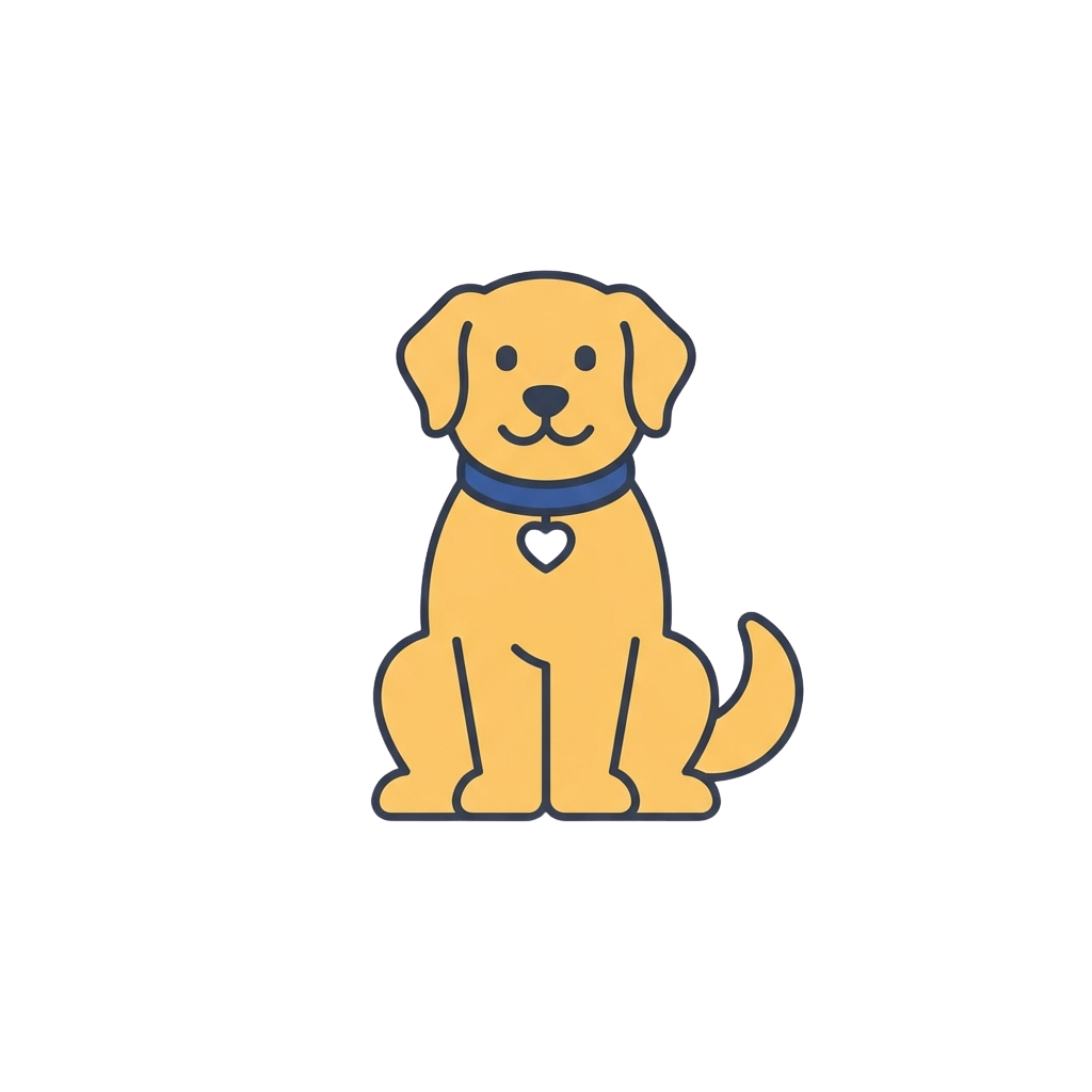 Illustration of a cheerful yellow Labrador Retriever sitting and wearing a blue collar with a heart tag