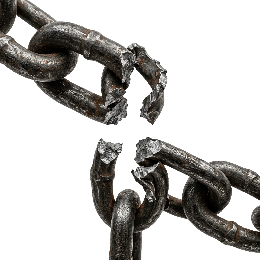 Close-up image of a rusted and broken heavy metal chain link.