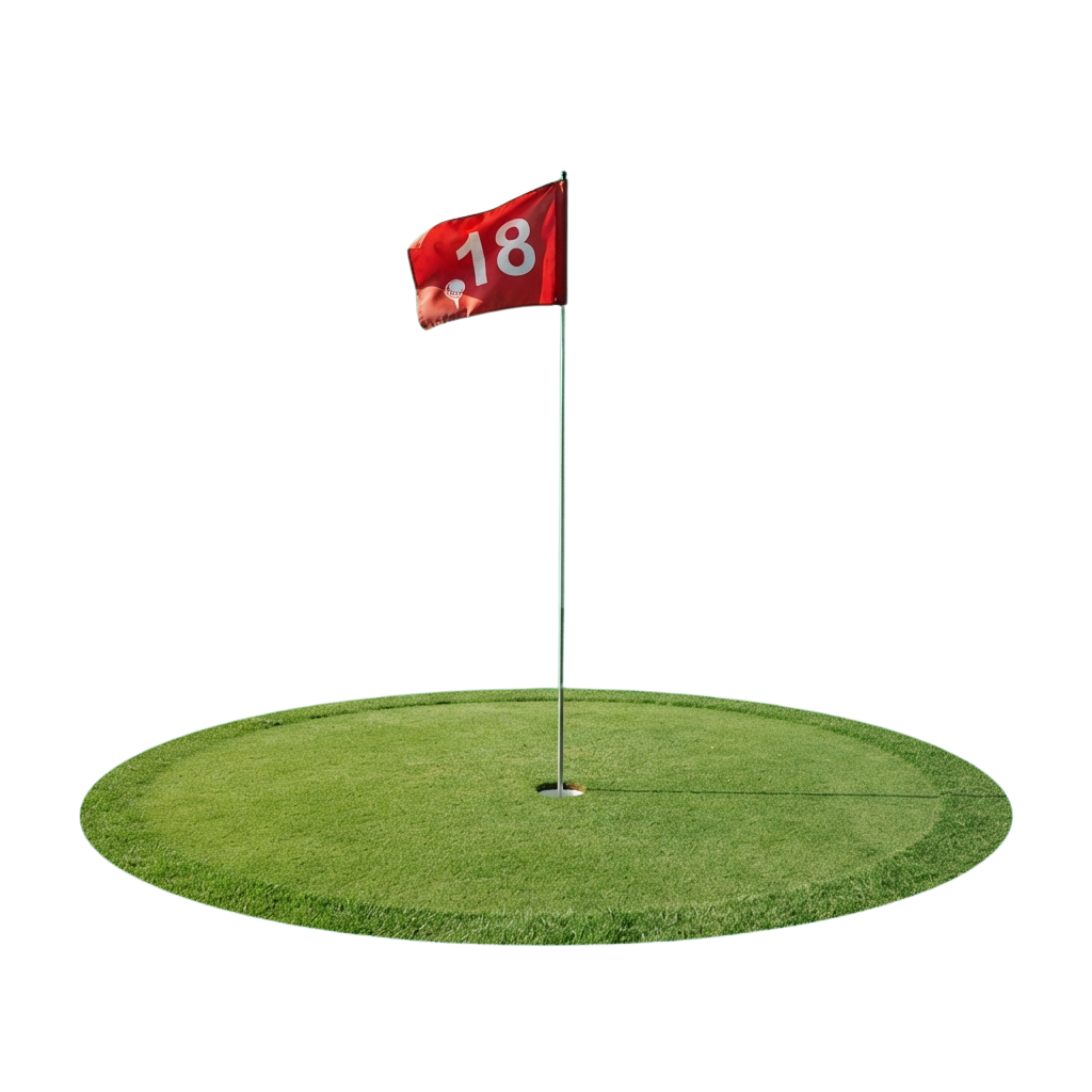 Red golf flag marked with number 18 on a green artificial turf hole