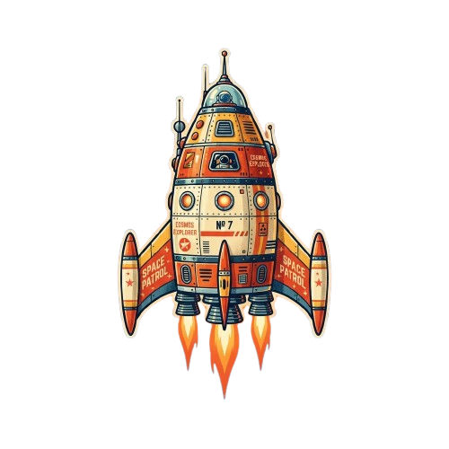 Colorful retro rocket ship with multiple windows and flames at the bottom against a black background