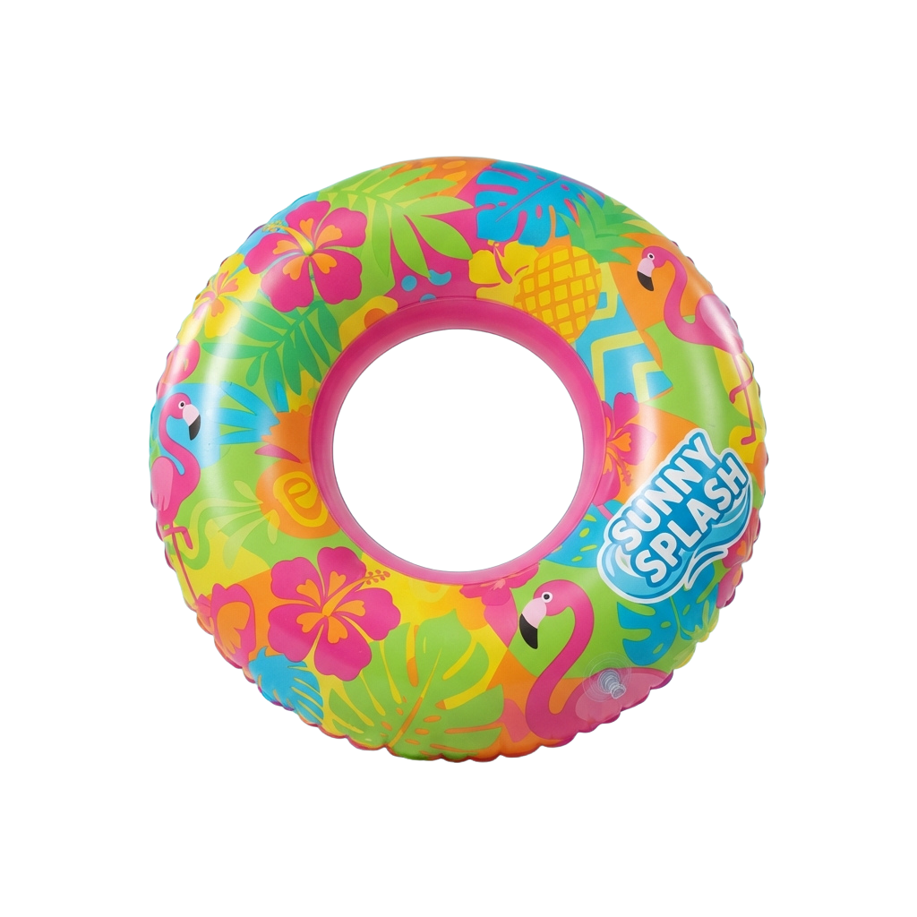 Inflatable swim ring with bright tropical floral and flamingo patterns
