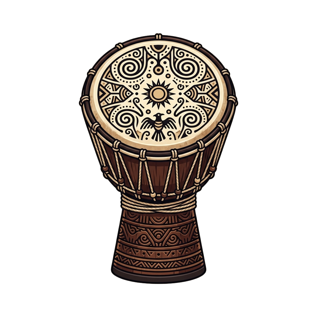 Illustration of a decorated djembe drum with detailed tribal patterns and a sun symbol on the drumhead