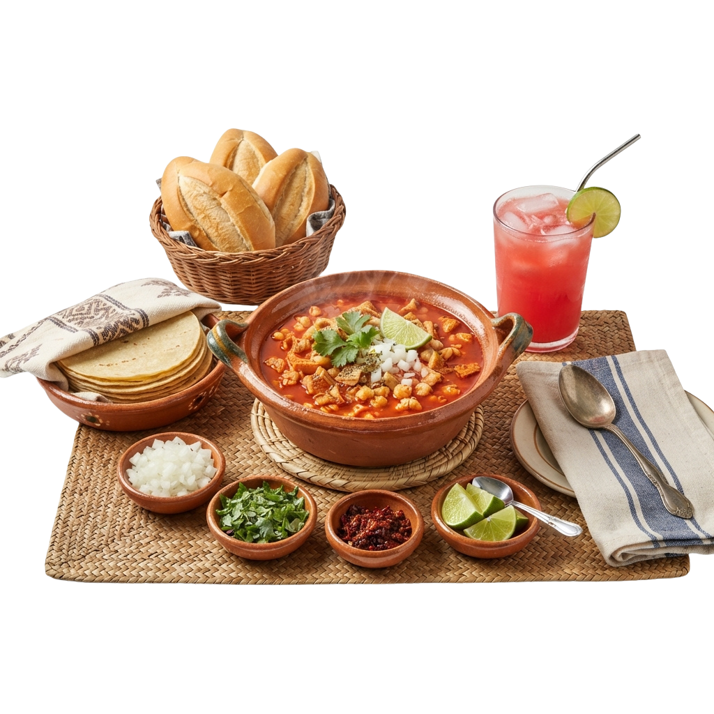 A bowl of Mexican chili soup topped with cilantro and white cheese, served with tortillas, bread, rice, lime wedges, and a refreshing drink