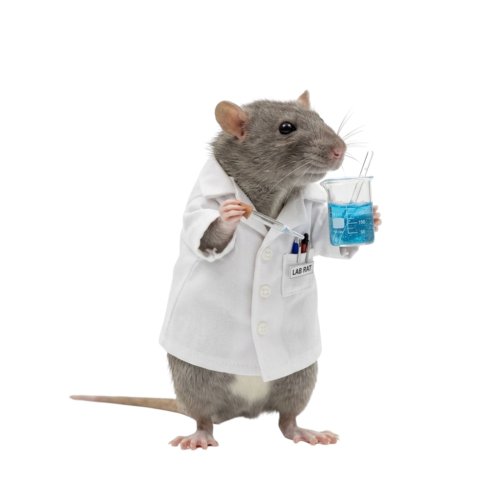 A cartoon rat dressed in a lab coat holding a blue test tube container with pipette