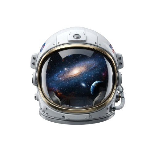A close-up of a futuristic astronaut helmet showing a view of space with galaxies and Earth