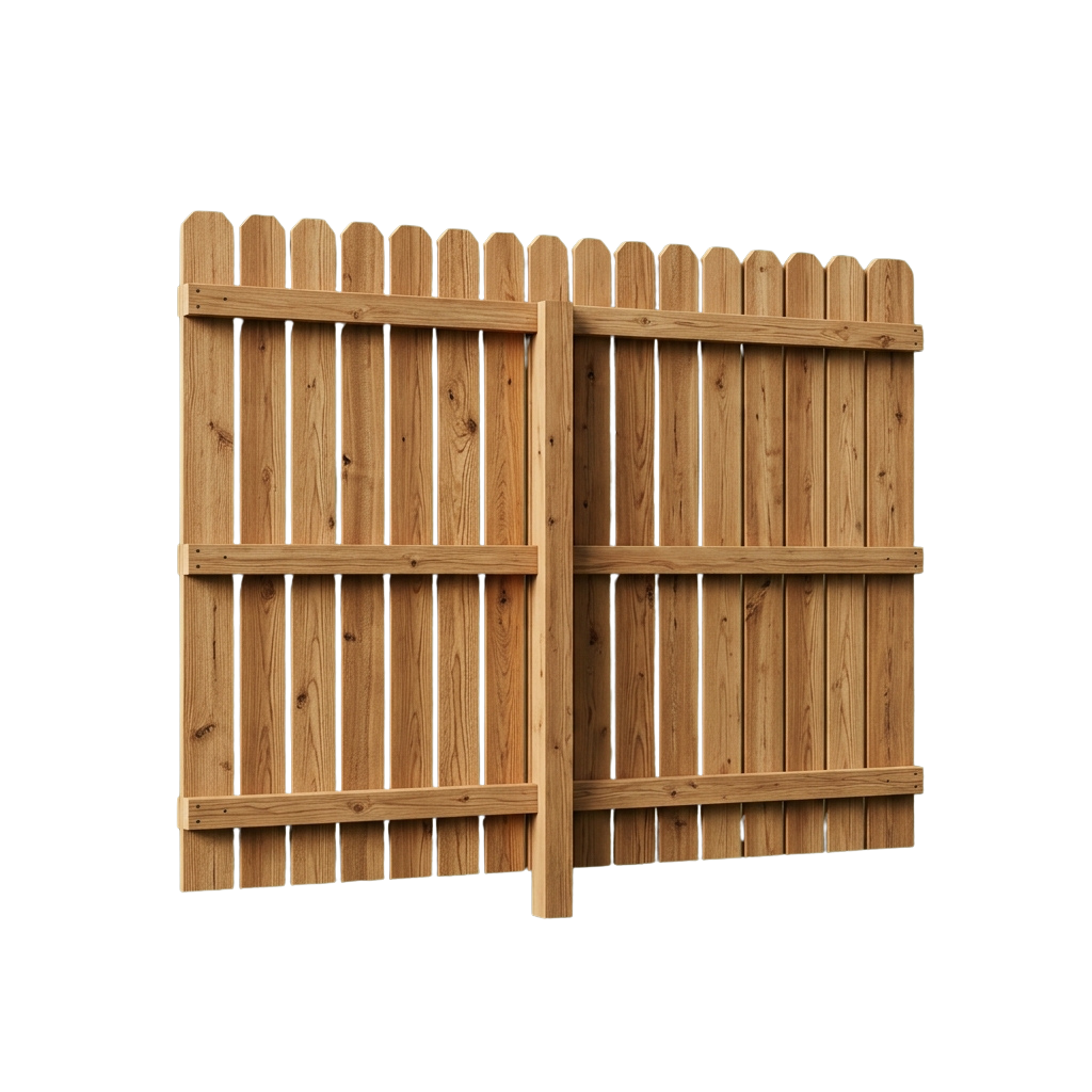 A light brown wooden privacy fence panel with vertical slats and pointed top edges