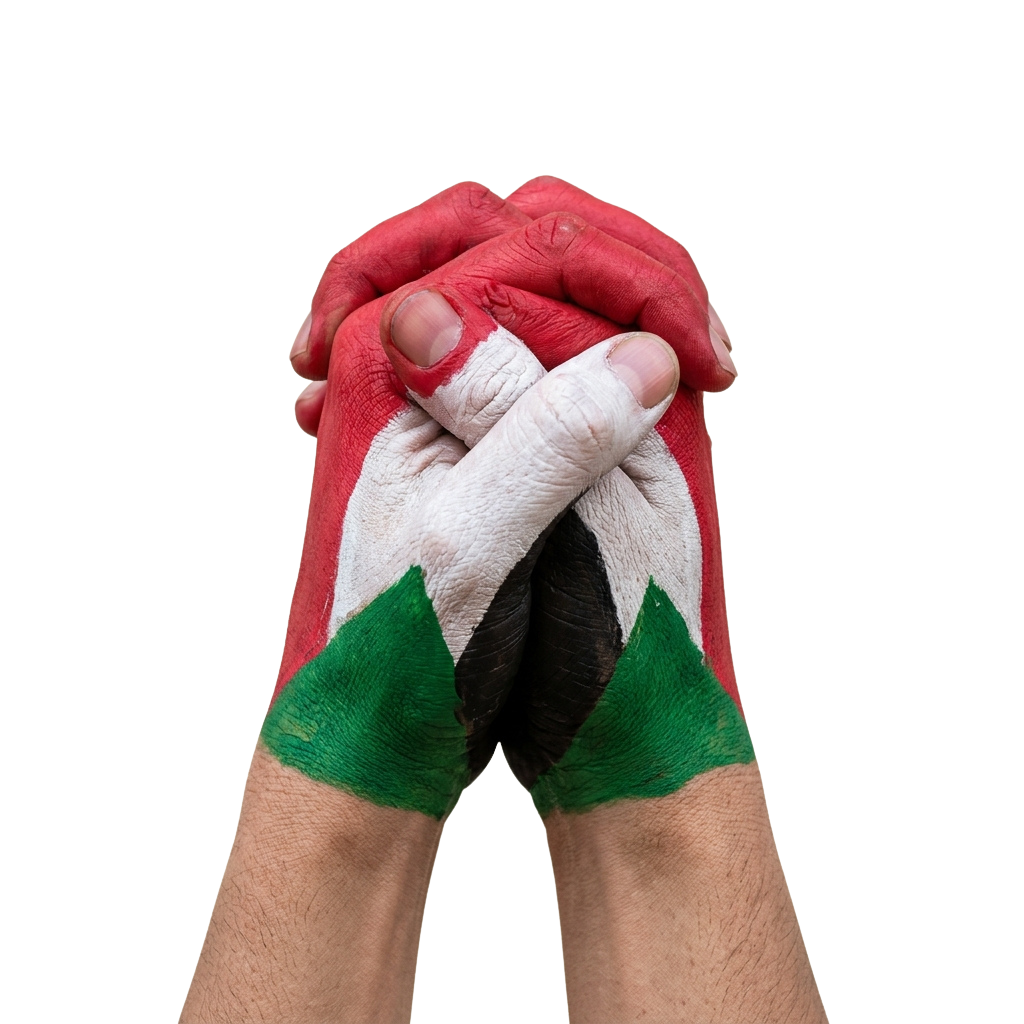 Two hands clasped together painted in the colors of the Saudi Arabian flag: red, white, and green.